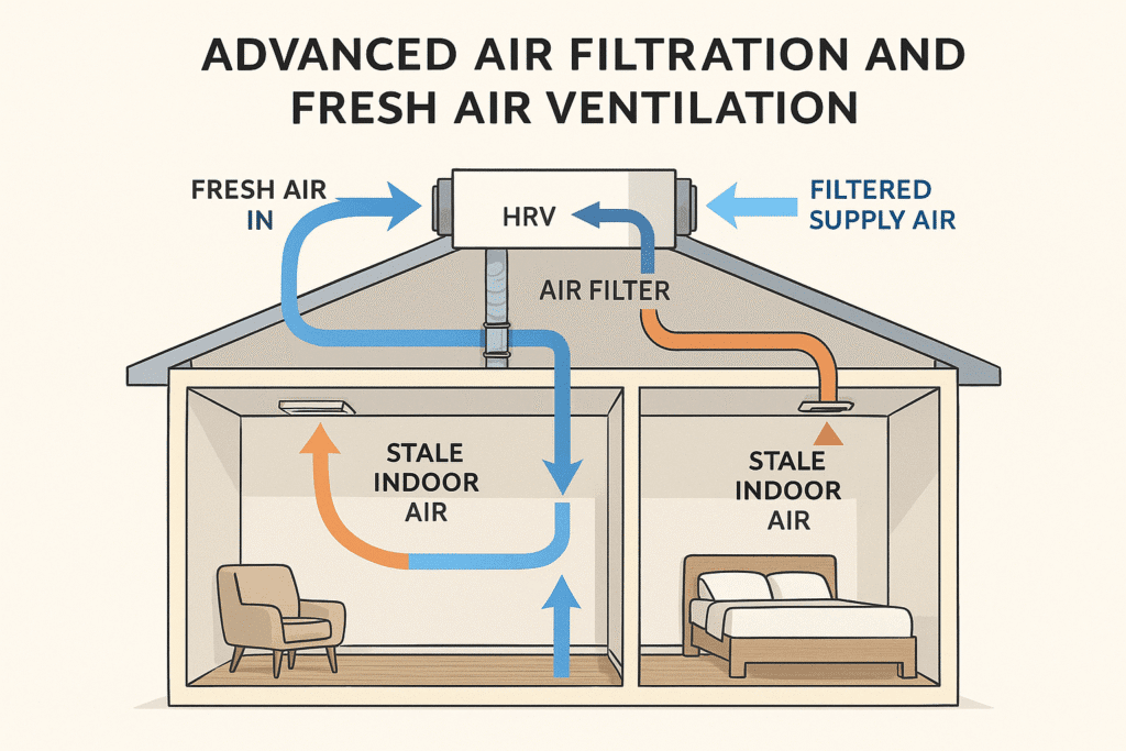 Diagram showing advanced whole-house air ventilation system in a modern home.