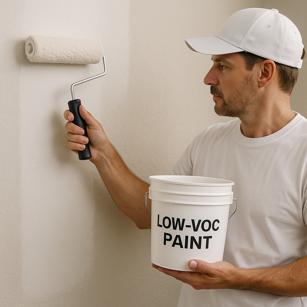 High-resolution photo of eco-friendly, low-VOC paint being applied in a custom home.
