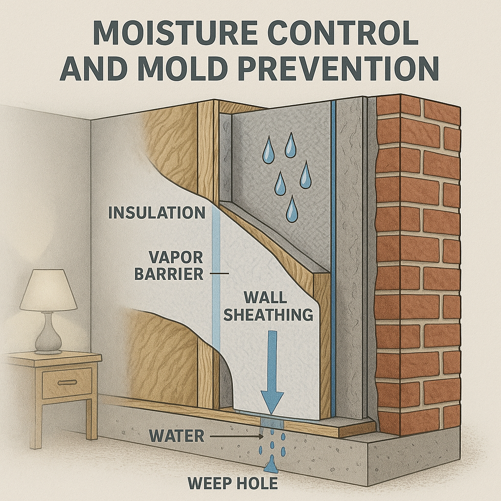 Cutaway illustration showing moisture barriers and insulation layers within a home wall.