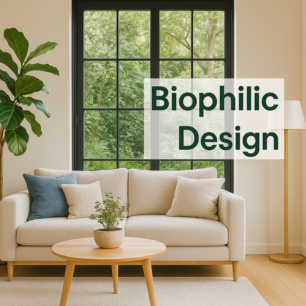 Living room filled with plants and natural textures, reflecting biophilic design.